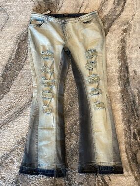 boohooMAN Plus Ripped Gusset Skinny Flared Jeans | vintage wash size 40
